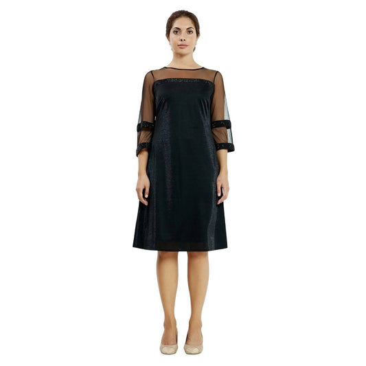 Black A-Line Midi Dress Sheer Mesh Sleeves Beaded Trim Lycra Blend