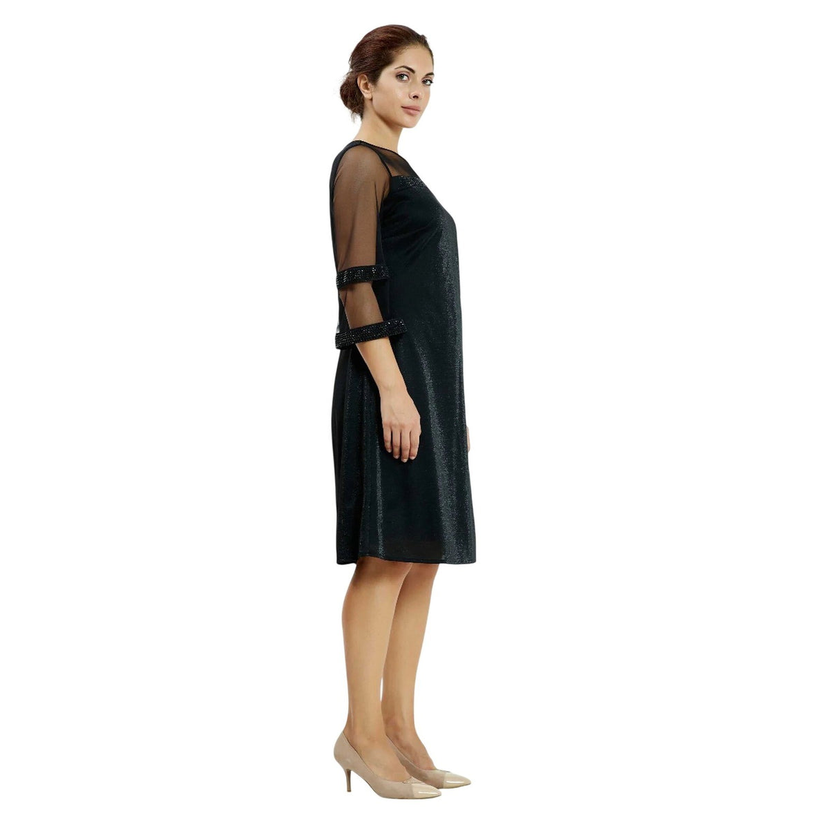 Black A-Line Midi Dress Sheer Mesh Sleeves Beaded Trim Lycra Blend