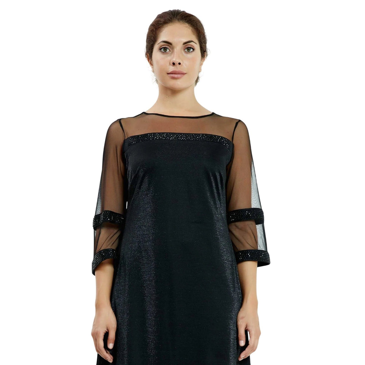 Black A-Line Midi Dress Sheer Mesh Sleeves Beaded Trim Lycra Blend