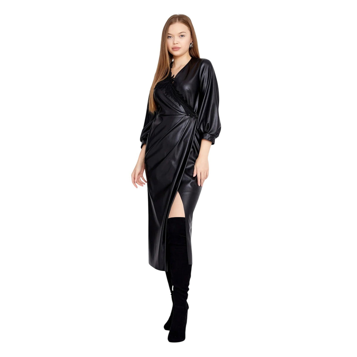 Black Faux Leather Wrap Midi Dress European Made Vegan Leather Puff Sleeve