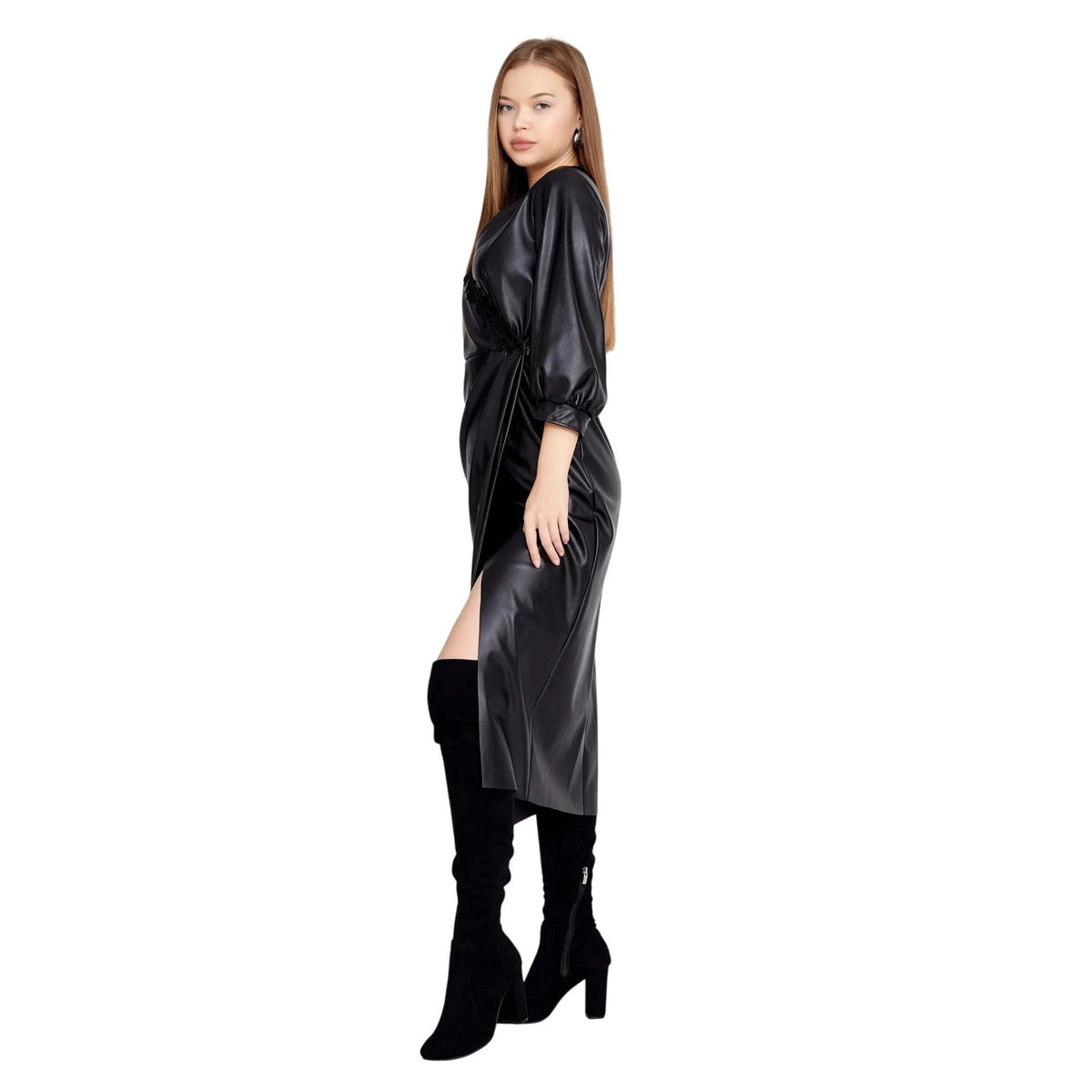 Black Faux Leather Wrap Midi Dress European Made Vegan Leather Puff Sleeve
