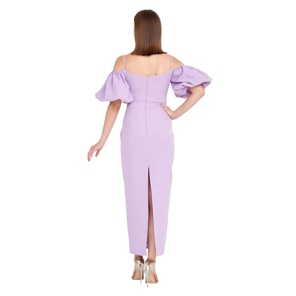 Lavender Crepe Off Shoulder Puff Sleeve Column Midi Dress Cocktail