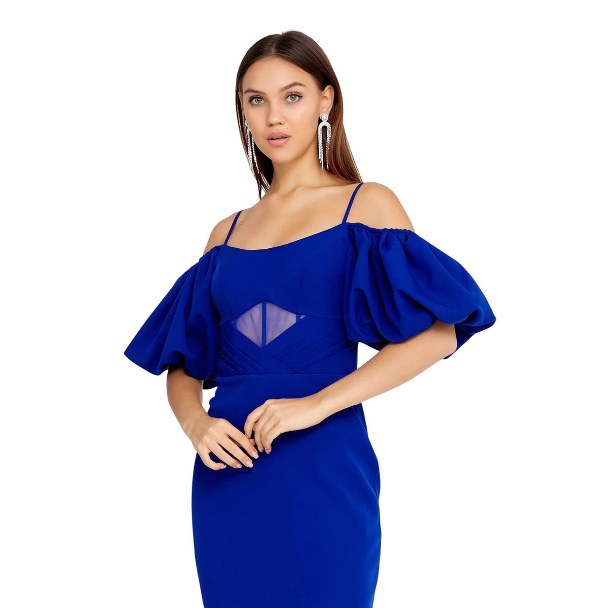 Royal Blue Off Shoulder Crepe Midi Dress Puff Sleeve Mesh Cutout European Made