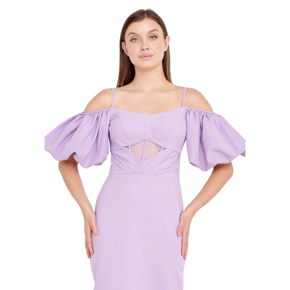 Lavender Crepe Off Shoulder Puff Sleeve Column Midi Dress Cocktail