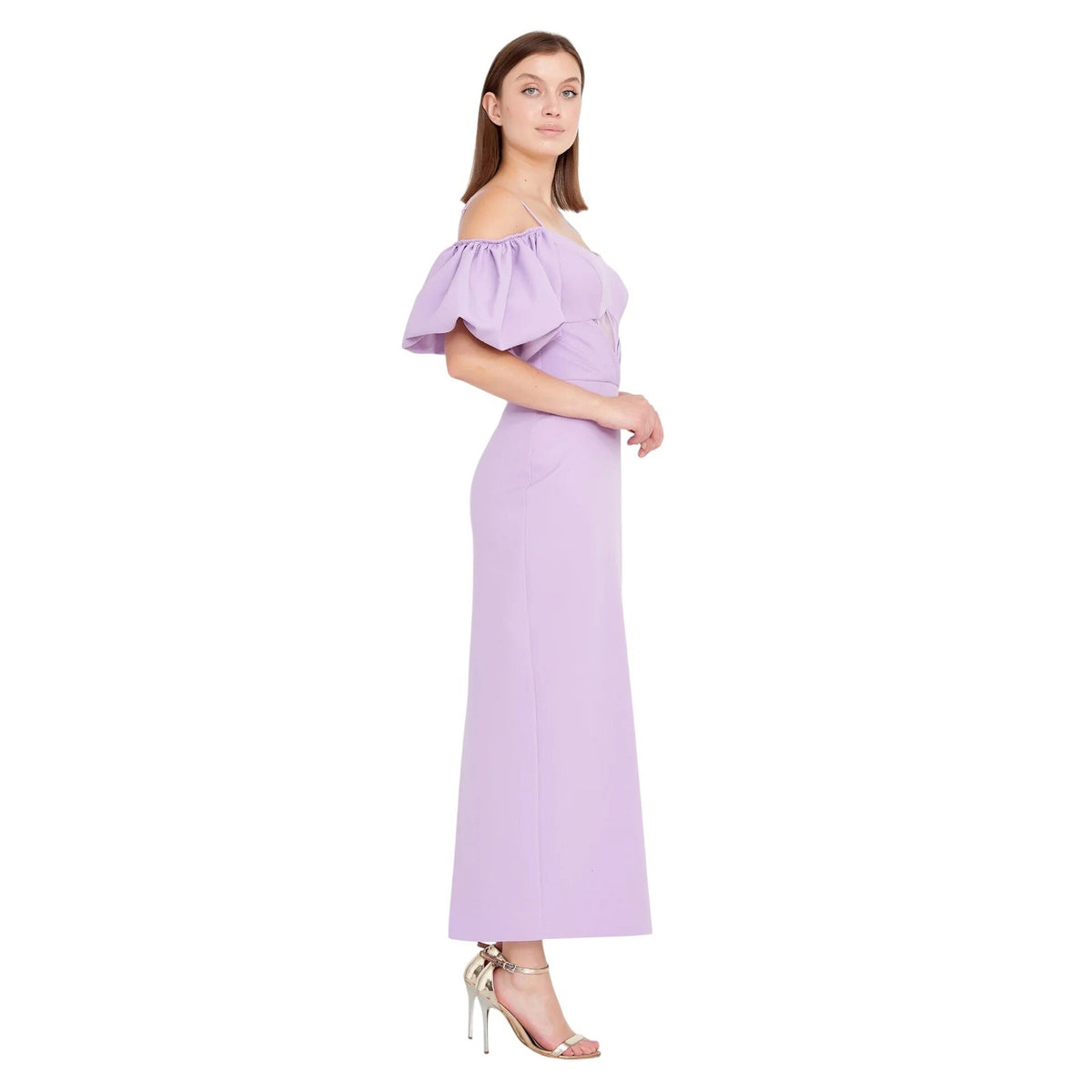 Lavender Crepe Off Shoulder Puff Sleeve Column Midi Dress Cocktail