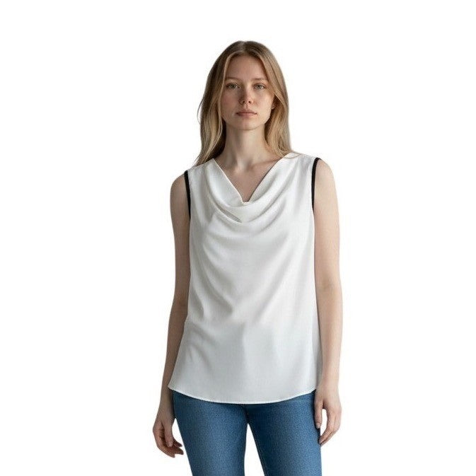 Vince Camuto Womens Cowl Neck Sleeveless Blouse Ivory Black Trim 91624B022 XL