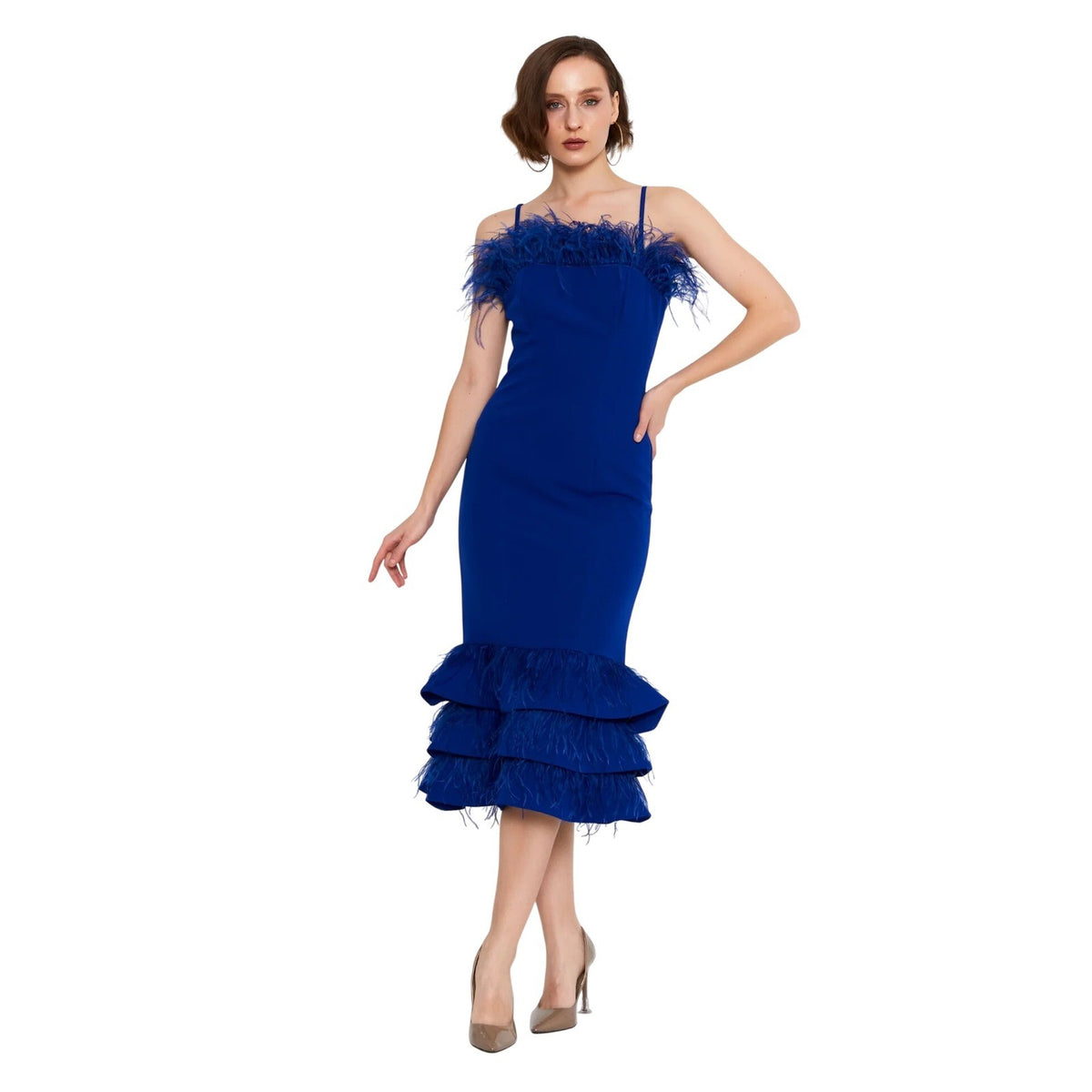Saxe Blue Viscose Feather Trim Column Evening Dress Tiered Midi