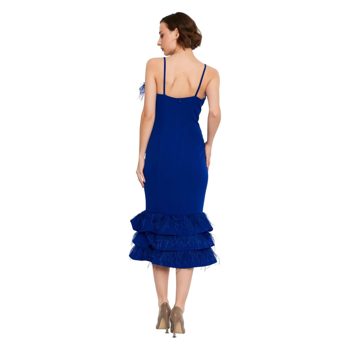 Saxe Blue Viscose Feather Trim Column Evening Dress Tiered Midi