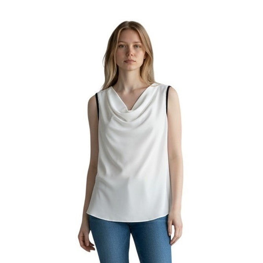 Vince Camuto Womens Cowl Neck Sleeveless Blouse Ivory Black Trim 91624B022 M
