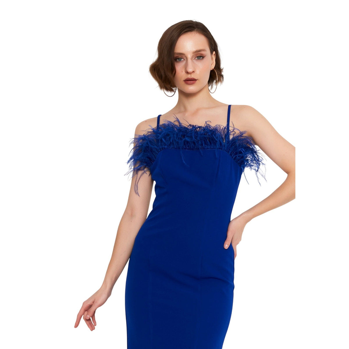 Saxe Blue Viscose Feather Trim Column Evening Dress Tiered Midi