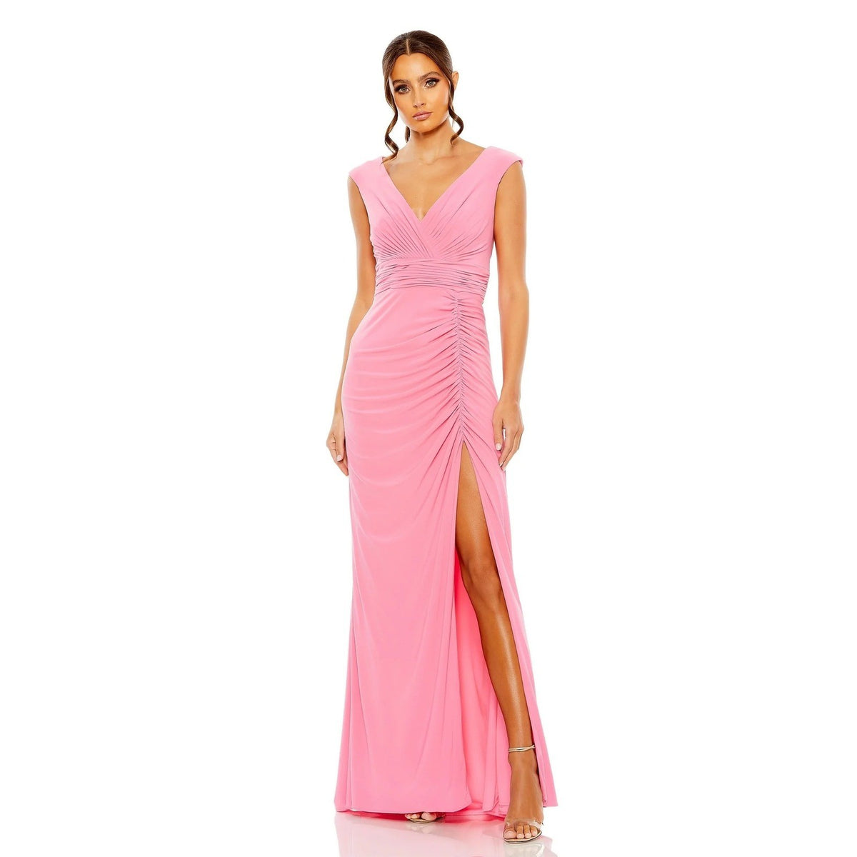 Mac Duggal 55974 Pink Ruched V-Neck Cap Sleeve Gown with Slit Size 12