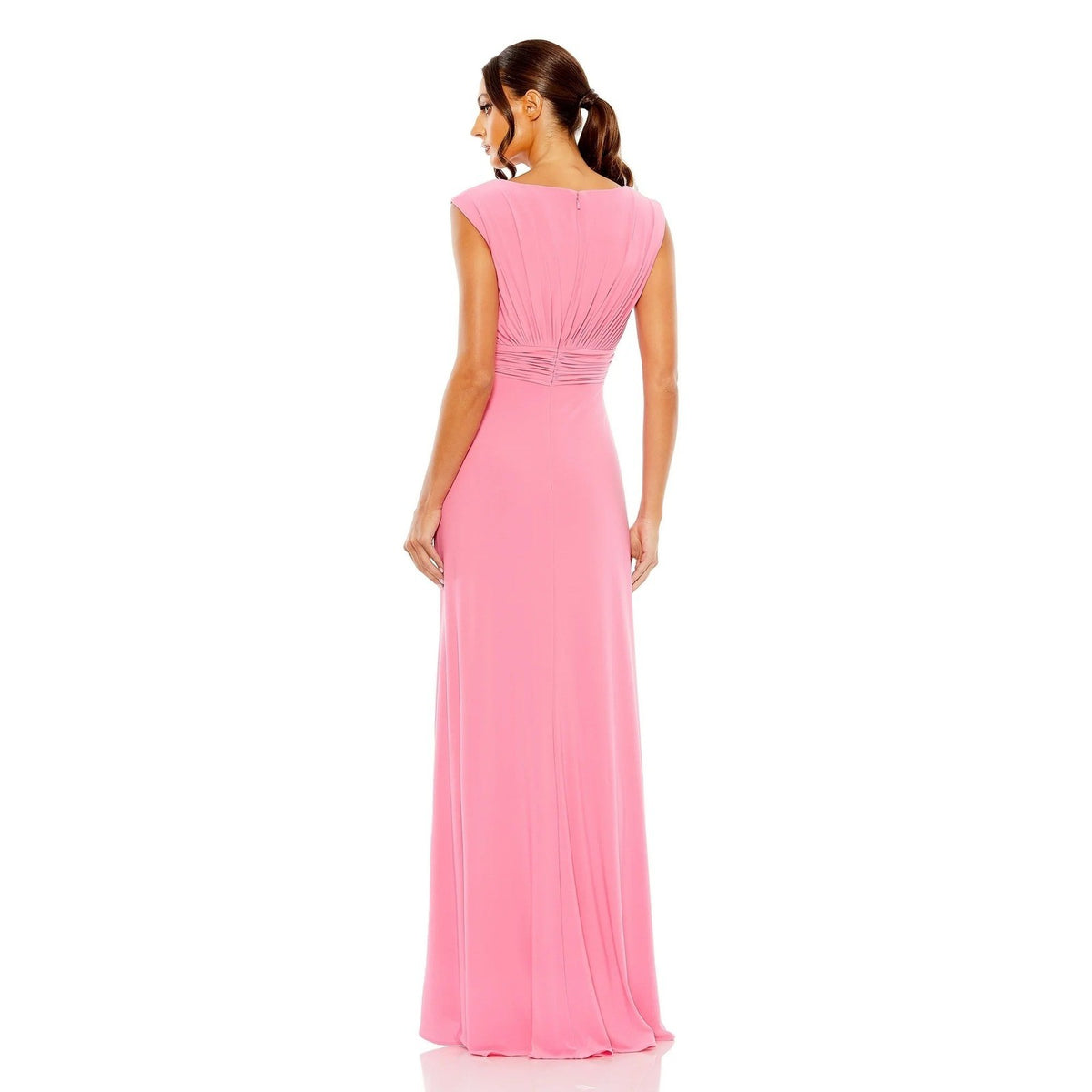 Mac Duggal 55974 Pink Ruched V-Neck Cap Sleeve Gown with Slit Size 12