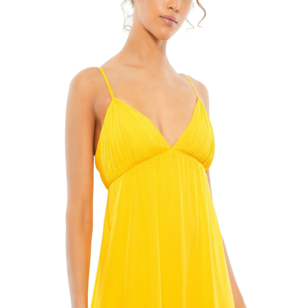 Mac Duggal Ieena 70194 Mango Yellow Pleated V-Neck Ruffle Mini Dress Womens