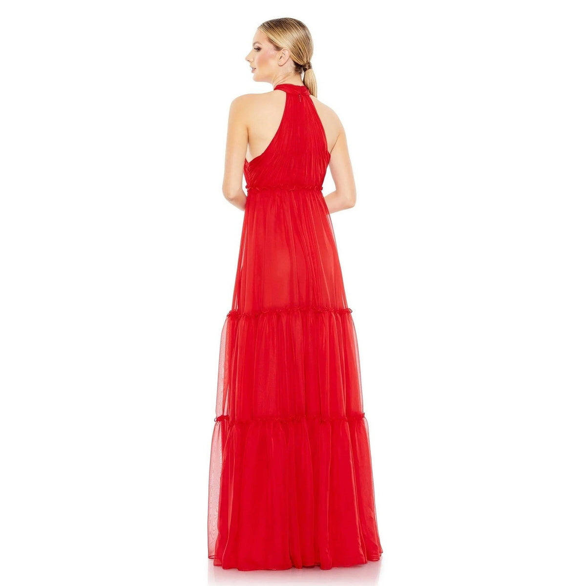 Mac Duggal Red Chiffon Tiered Halter Gown Bow Neck Formal Dress 55848