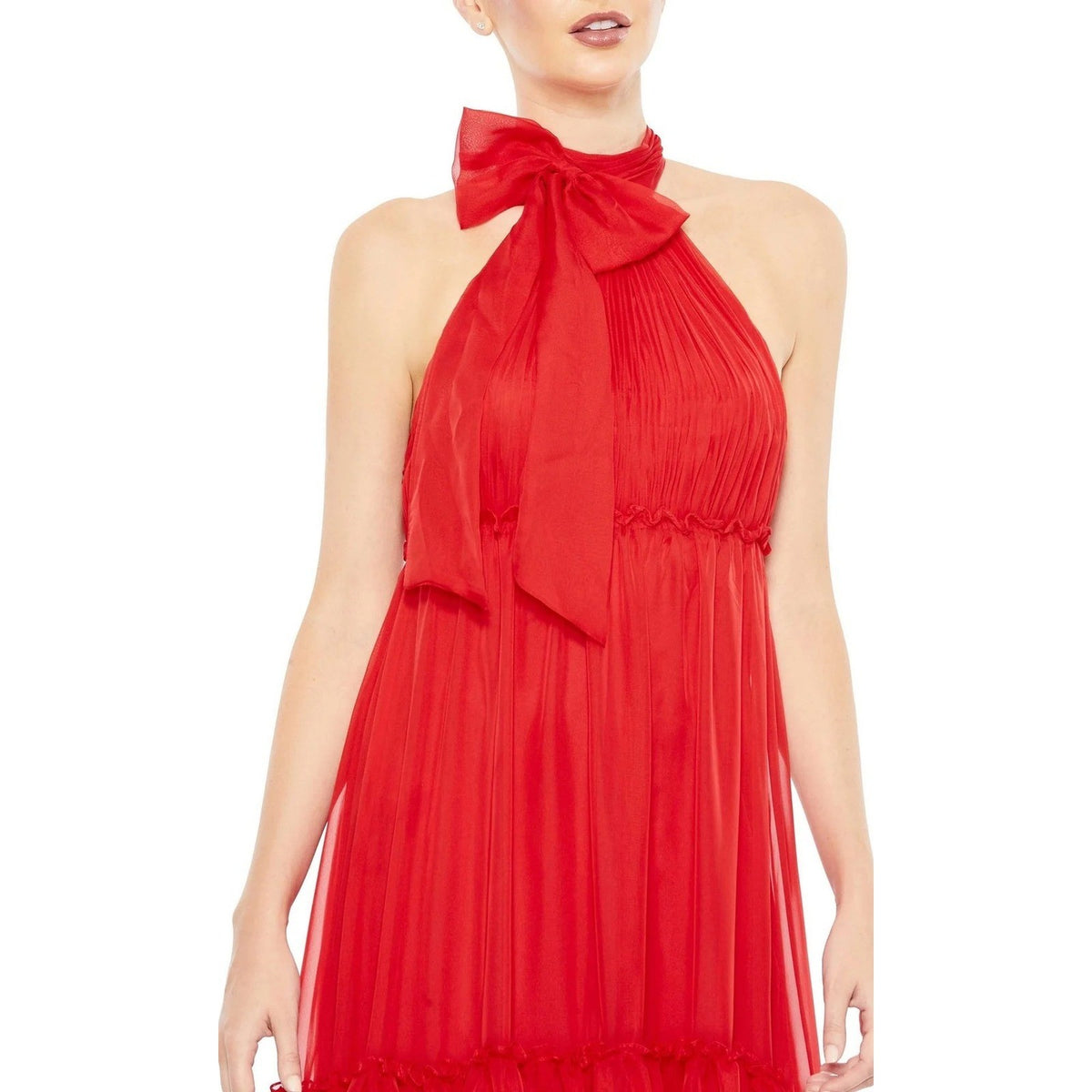 Mac Duggal Red Chiffon Tiered Halter Gown Bow Neck Formal Dress 55848