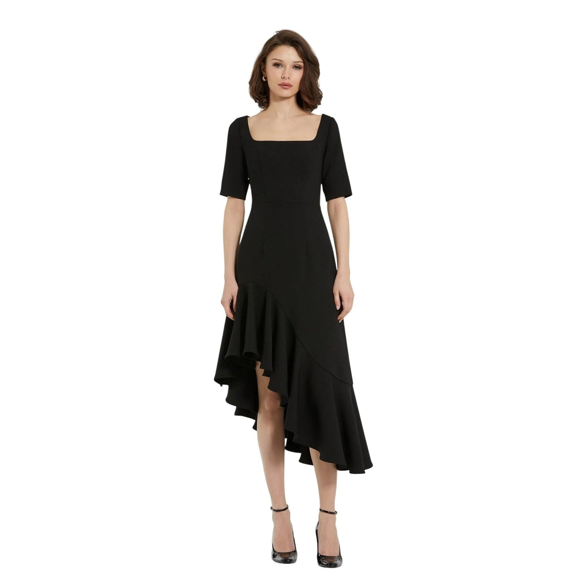 Mac Duggal 21019 Black Crepe Asymmetrical Ruffle High-Low Midi Dress Square Neck