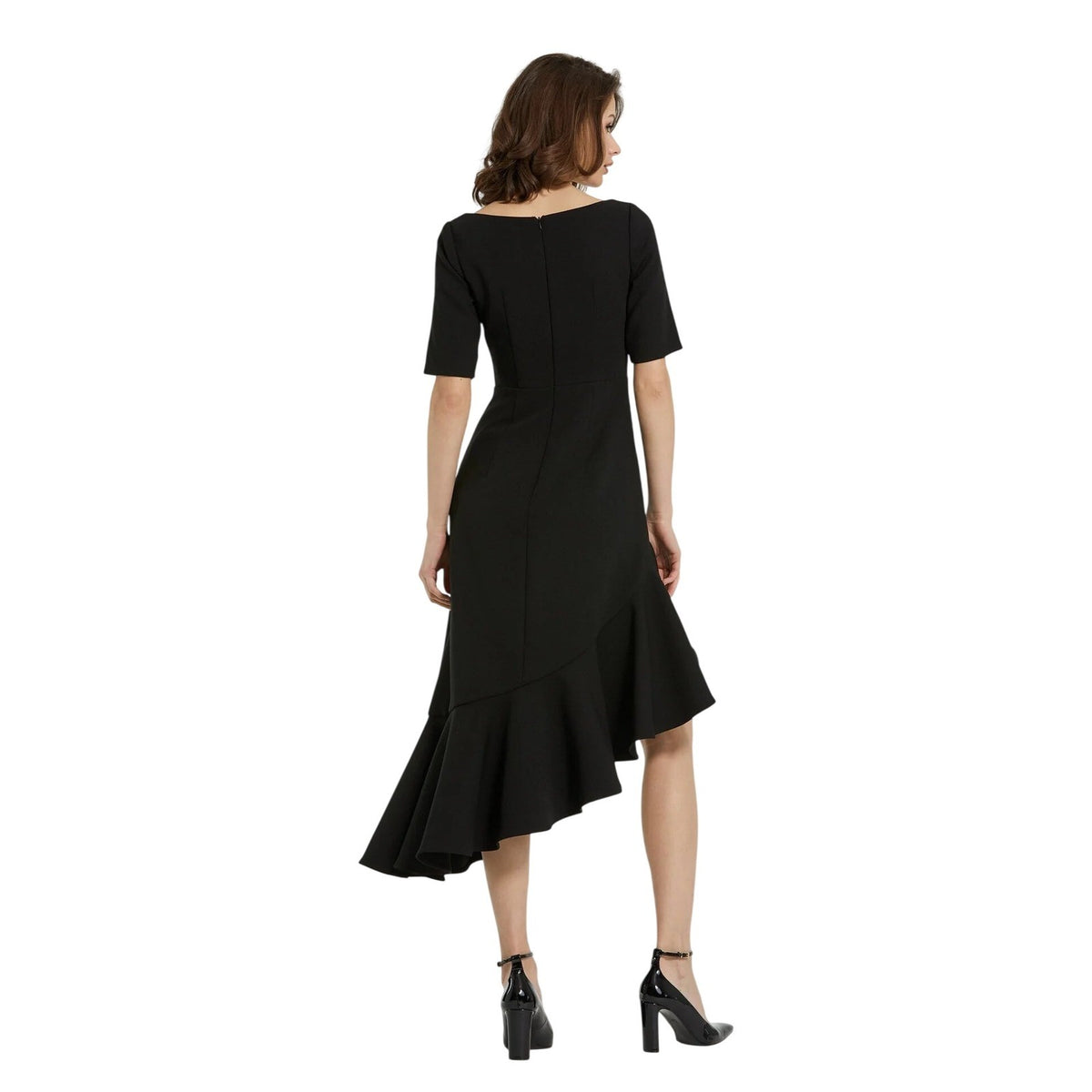 Mac Duggal 21019 Black Crepe Asymmetrical Ruffle High-Low Midi Dress Square Neck