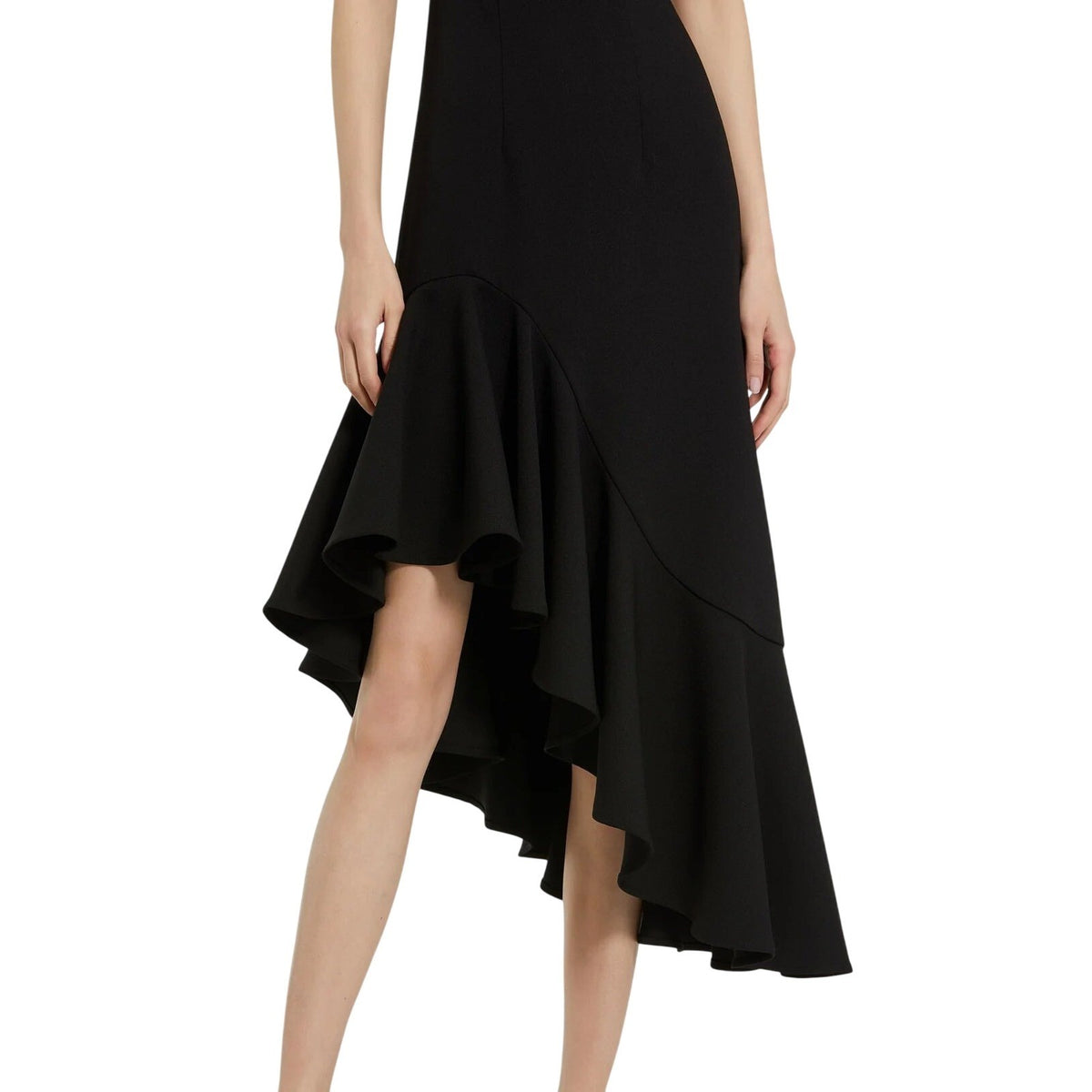 Mac Duggal 21019 Black Crepe Asymmetrical Ruffle High-Low Midi Dress Square Neck