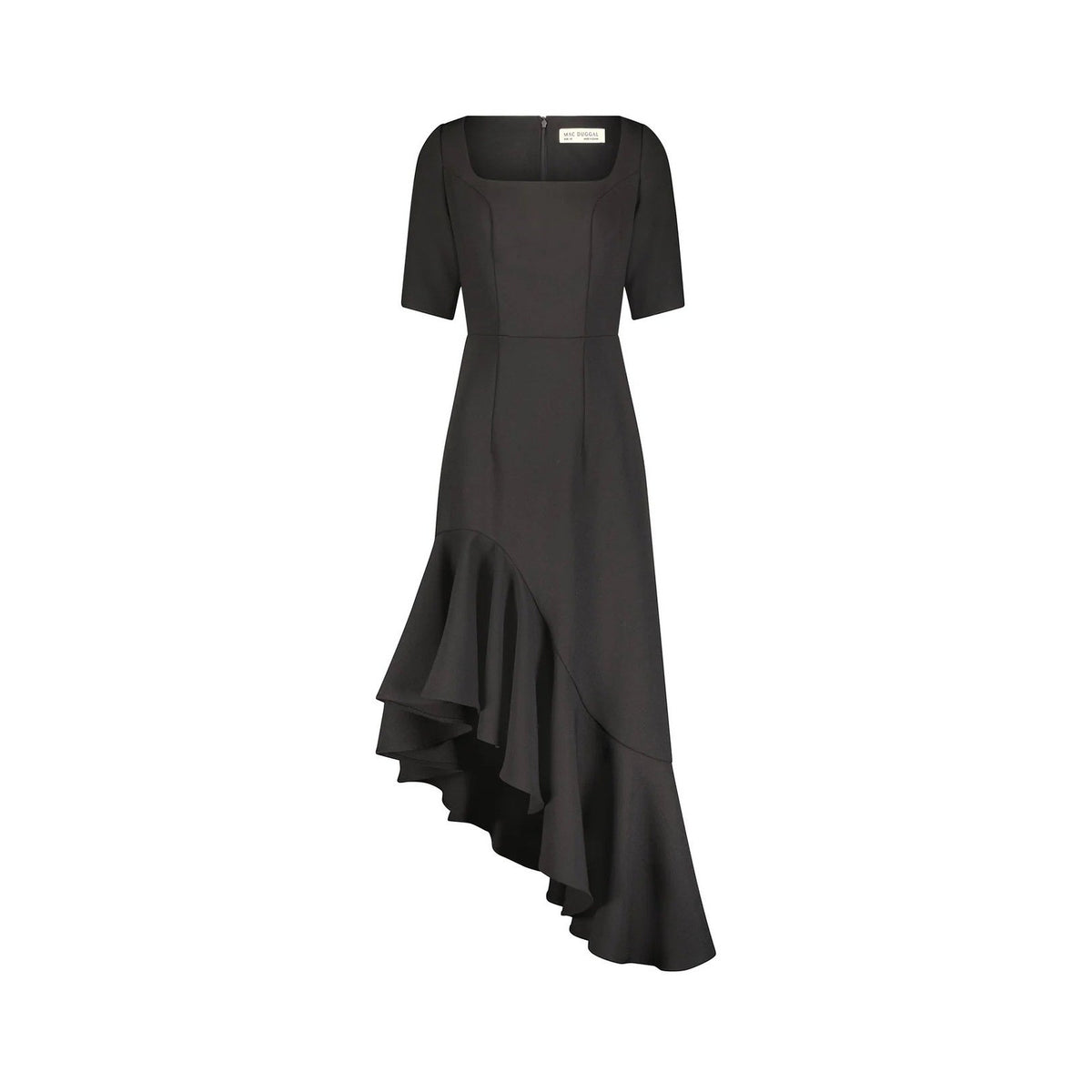 Mac Duggal 21019 Black Crepe Asymmetrical Ruffle High-Low Midi Dress Square Neck