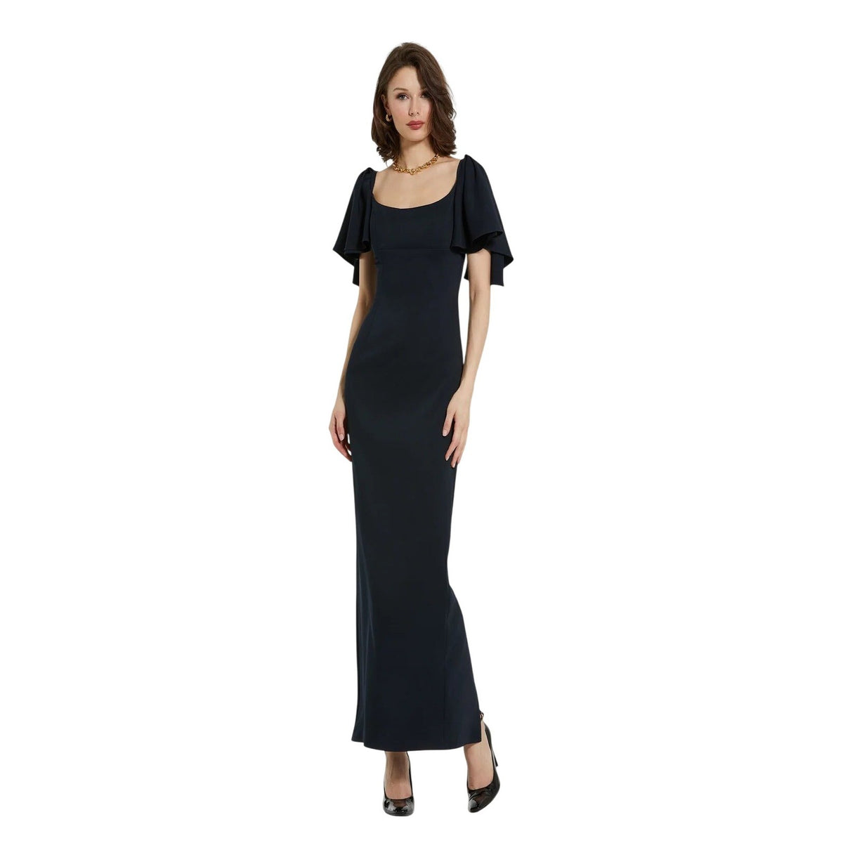 Mac Duggal 20962 Black Flutter Sleeve Square Neck Column Evening Gown Maxi Dress