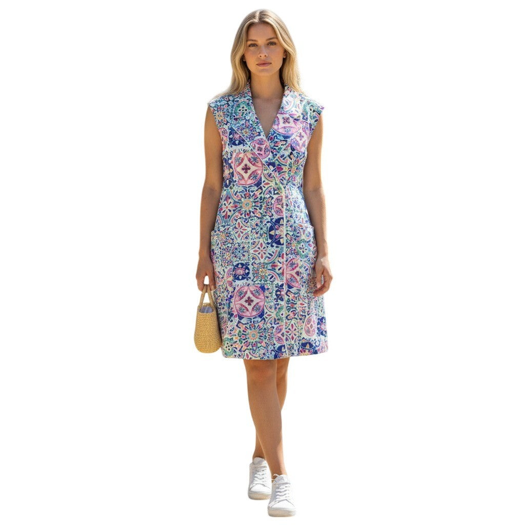Hermoza Sleeveless Tile Print Double Breasted Dress Long Vest Multi Color NWT L