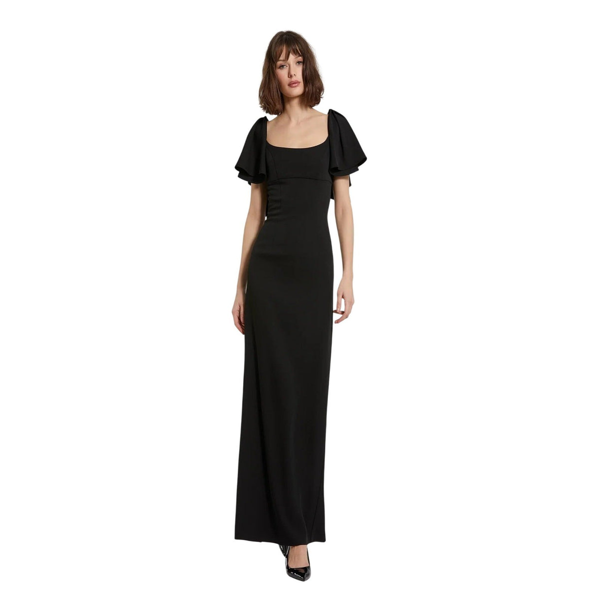 Mac Duggal 20962 Black Flutter Sleeve Square Neck Column Evening Gown Maxi Dress