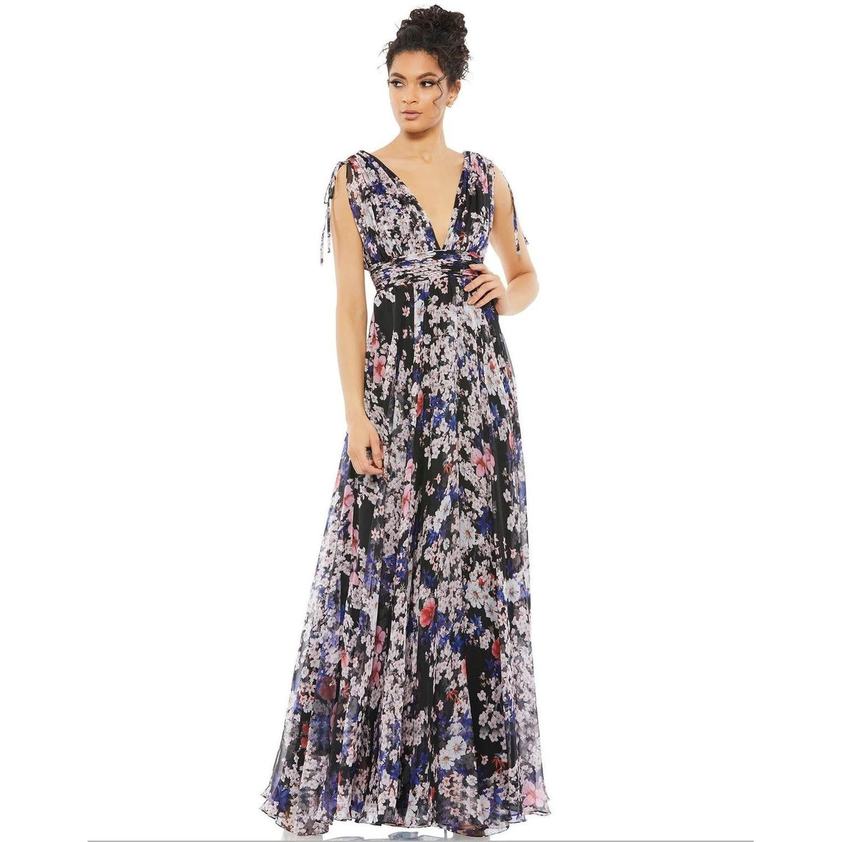 Mac Duggal 55414 Floral Chiffon V-Neck Maxi Gown Black Pink Blue Dress