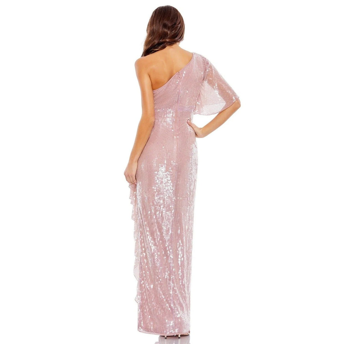 Mac Duggal 93662 One Shoulder Sequin Ruffle High Slit Gown Pink Rose Size 8