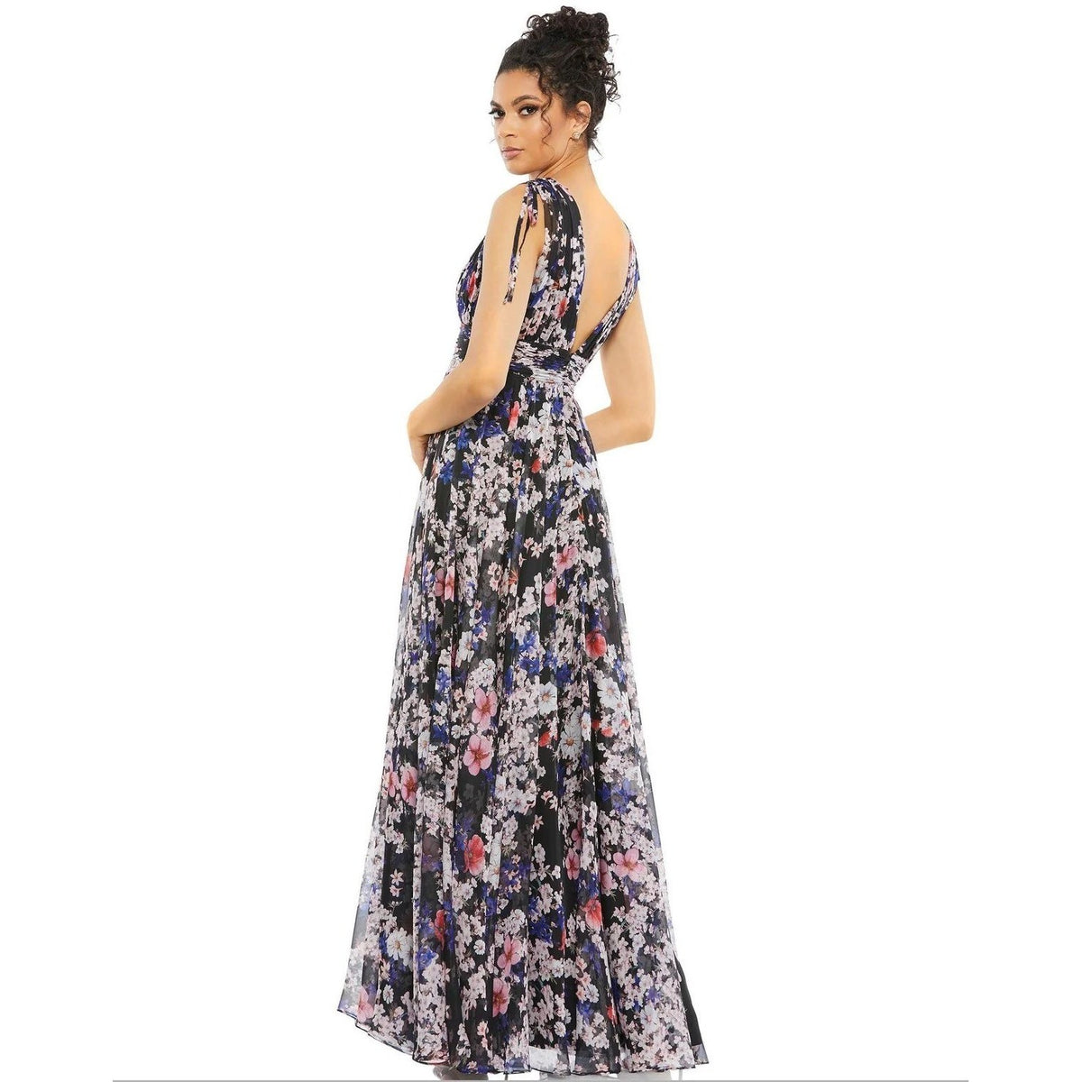 Mac Duggal 55414 Floral Chiffon V-Neck Maxi Gown Black Pink Blue Dress