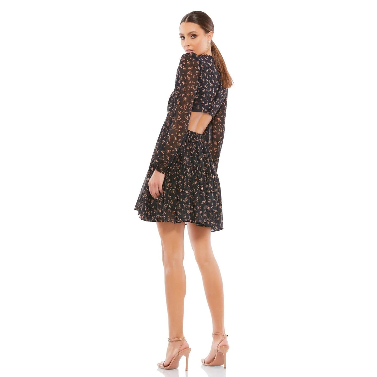 Mac Duggal Idena 55432 Floral Cutout Long Sleeve Tiered Mini Dress Black Multi