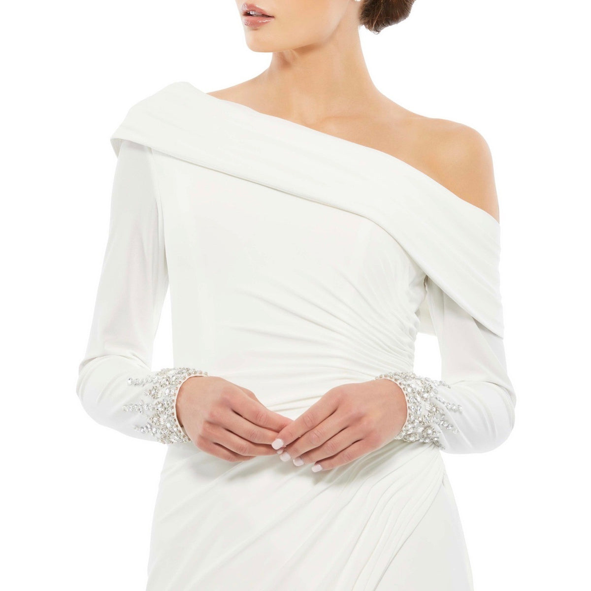 Mac Duggal 12231 White One Shoulder Embellished Cuff Jersey Gown Dress