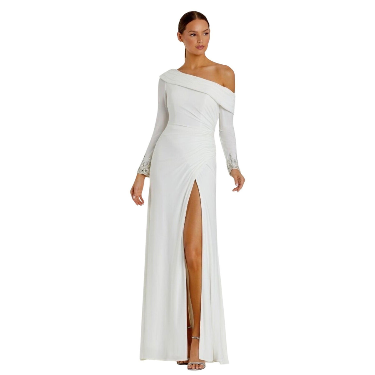 Mac Duggal 12231 White One Shoulder Embellished Cuff Jersey Gown Dress