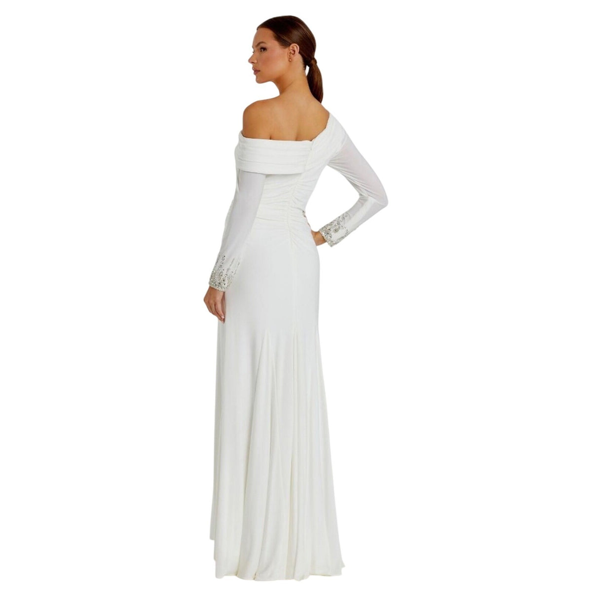 Mac Duggal 12231 White One Shoulder Embellished Cuff Jersey Gown Dress
