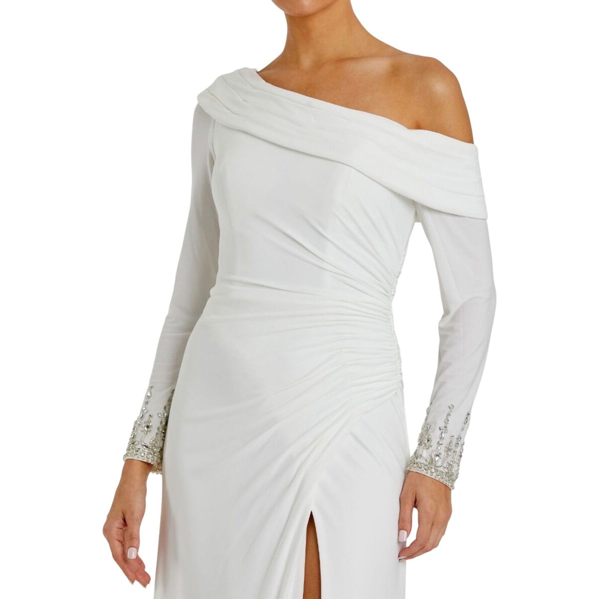 Mac Duggal 12231 White One Shoulder Embellished Cuff Jersey Gown Dress