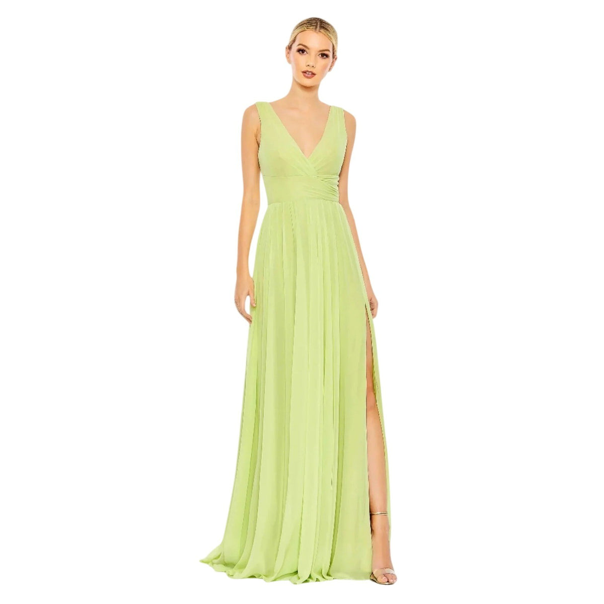 Mac Duggal 55793 Lime Green Chiffon V-Neck A-Line Gown With Slit
