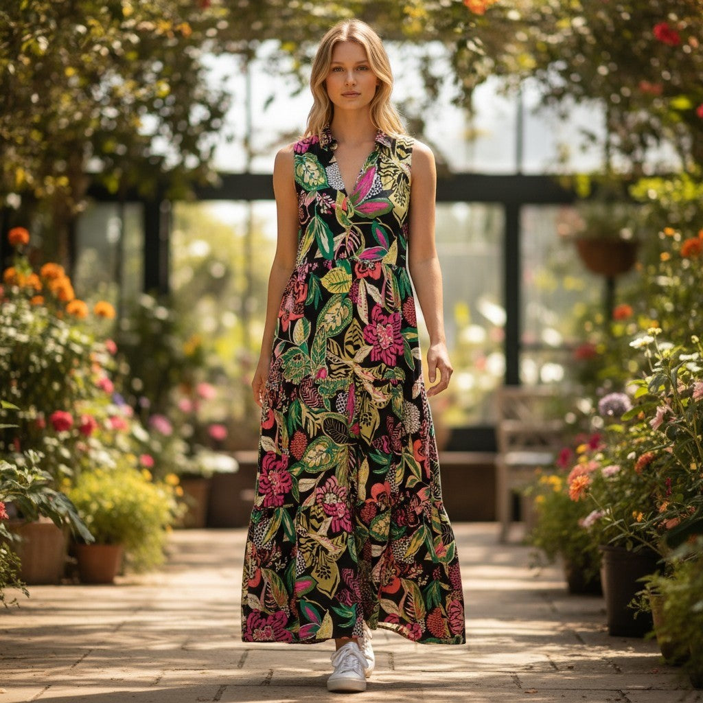 Vince Camuto Getaway Floral Maxi Dress Sleeveless Tiered XS 91325B931 Multi