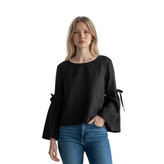 Free People Black Linen Blend Bell Sleeve Tie Blouse OB672226 Womens XS NWT