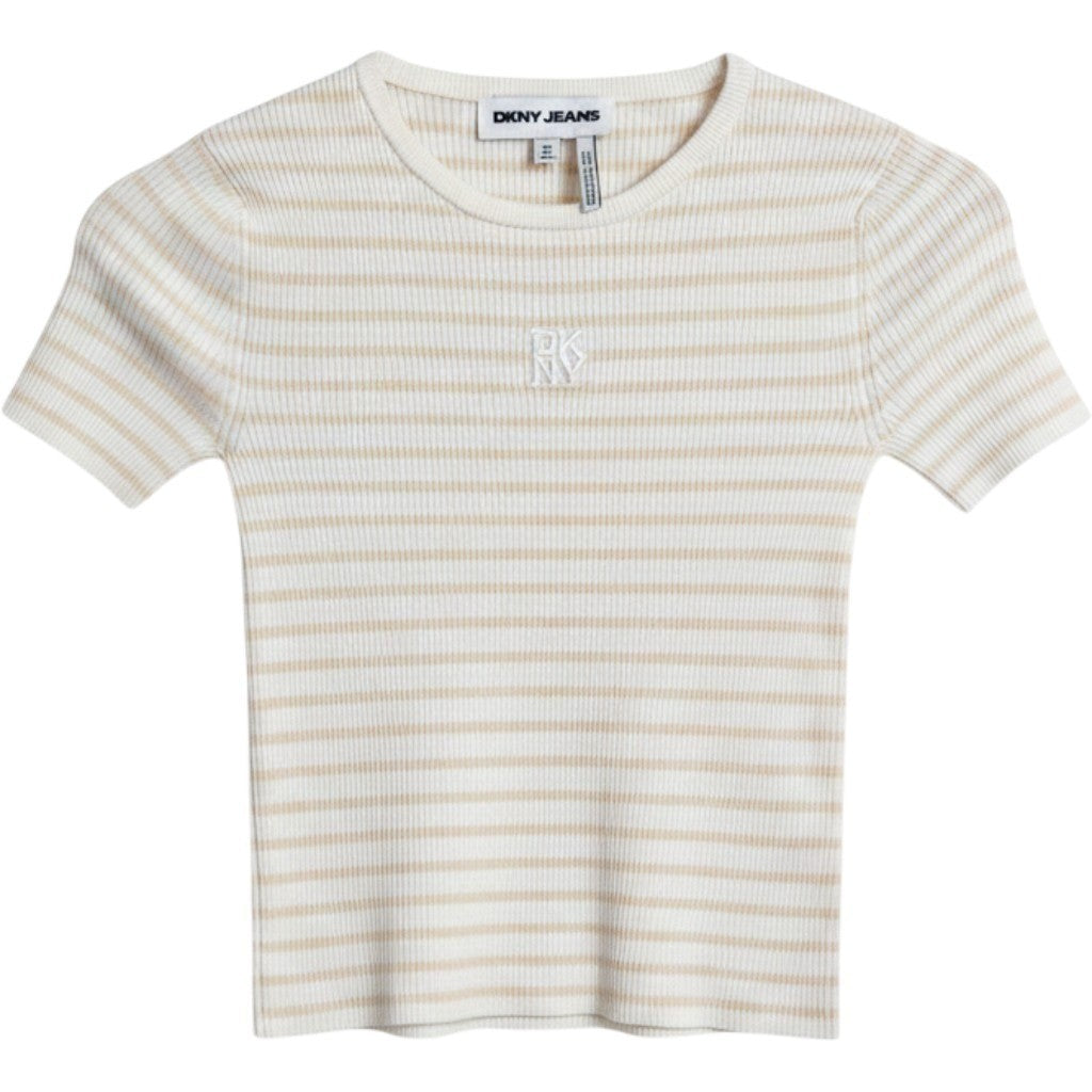 DKNY Jeans Womens Ribbed Striped Short Sleeve Crop Top Ivory Natural XXS