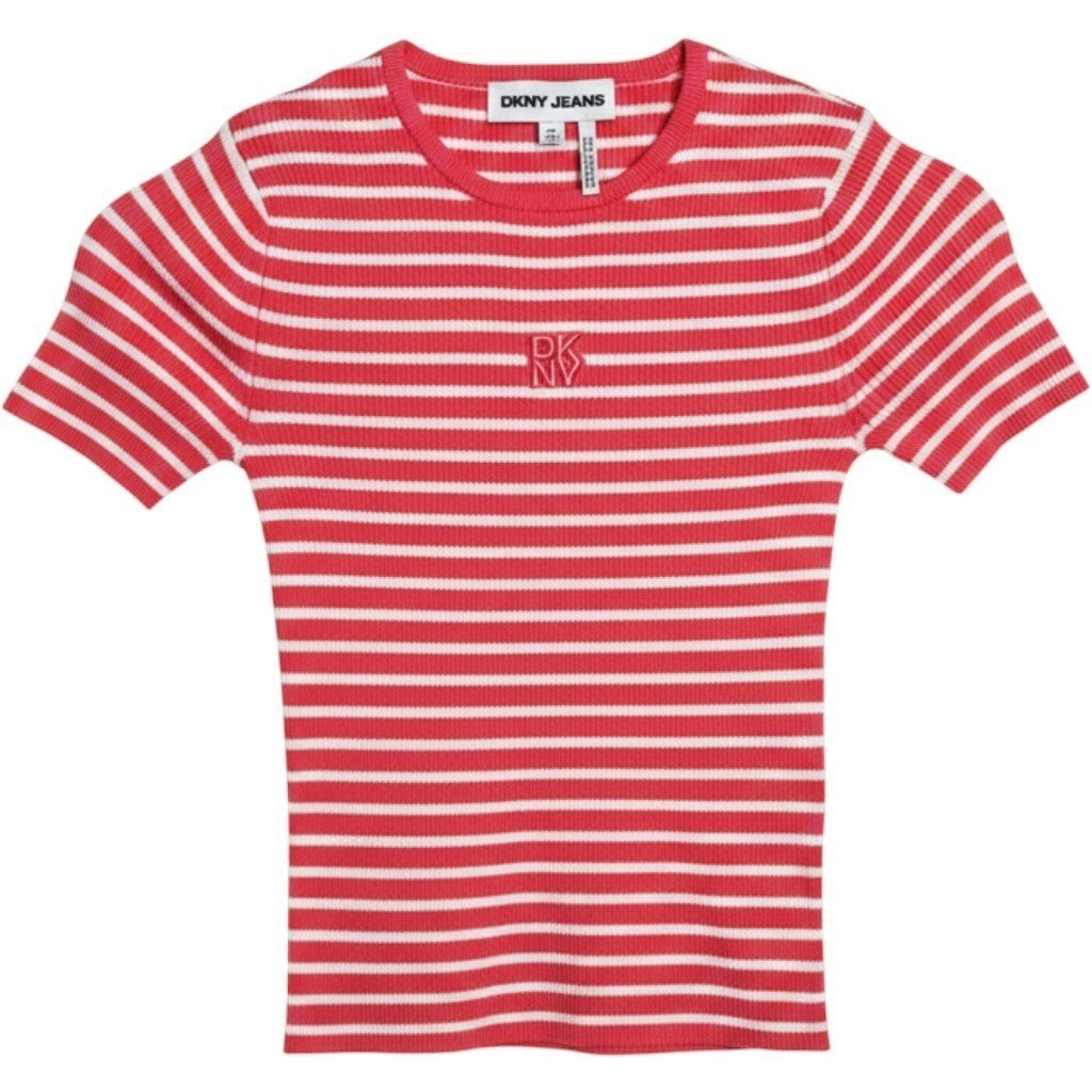 DKNY Jeans Womens Pink White Striped Ribbed Knit Short Sleeve Top XXS DJ6R0150