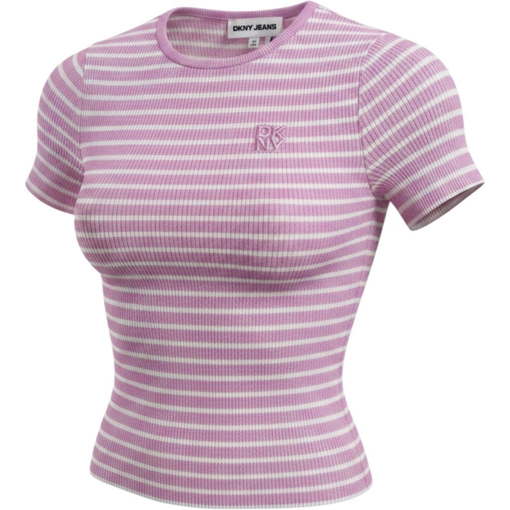 DKNY Jeans Women Pink White Striped Rib Knit Short Sleeve Top DJ6R0150 XXS