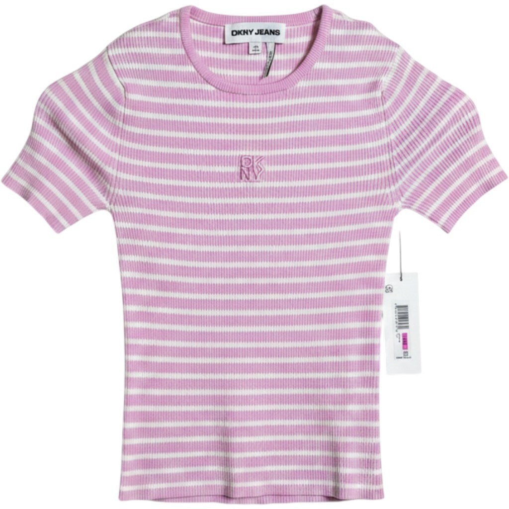 DKNY Jeans Women Pink White Striped Rib Knit Short Sleeve Top DJ6R0150 XXS