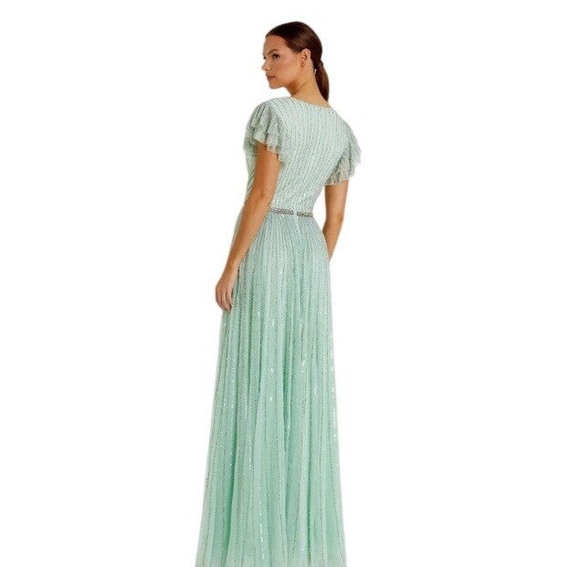 Mac Duggal 5502 Mint Green Sequin Beaded Ruffle Sleeve Maxi Gown Formal Dress
