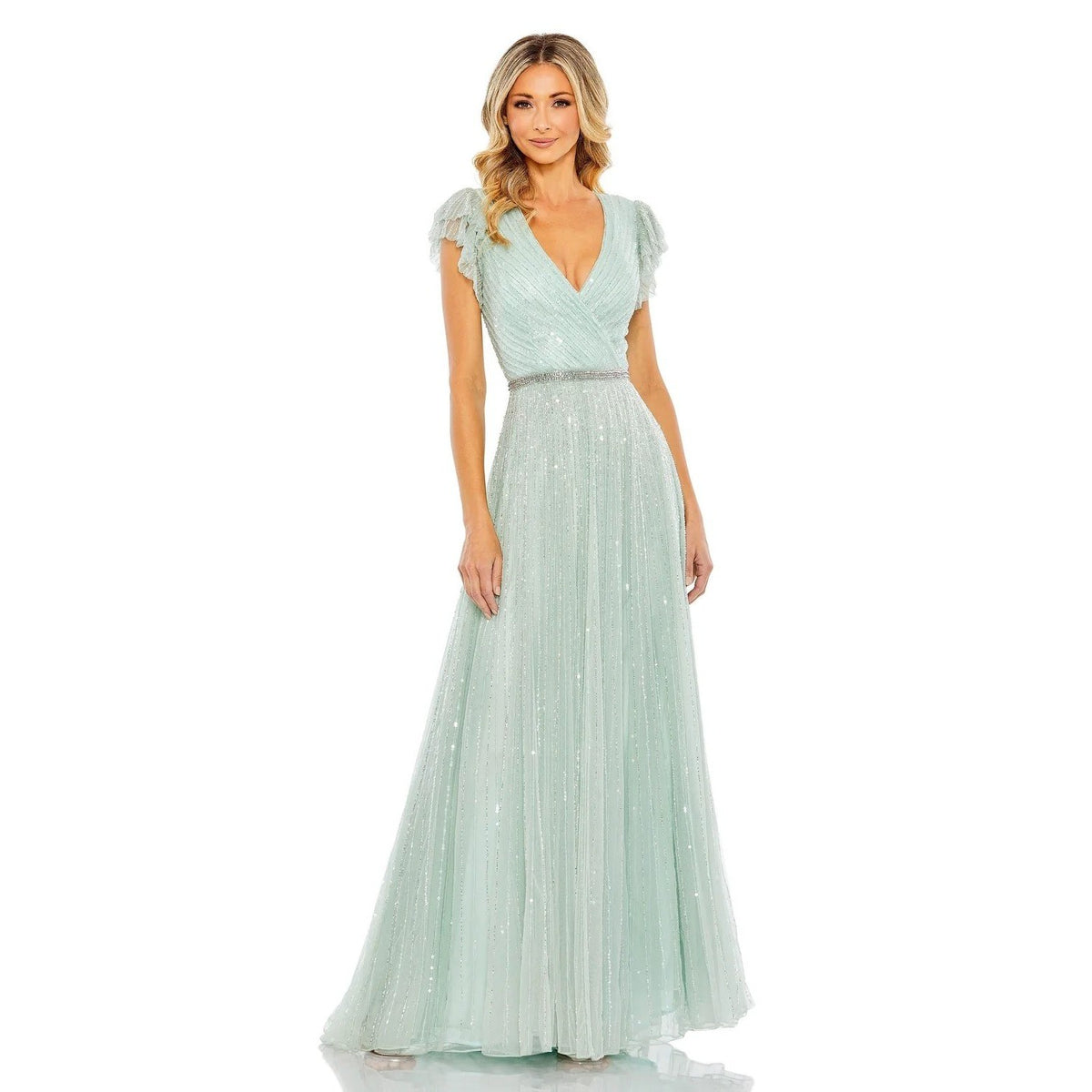Mac Duggal 5502 Mint Green Sequin Beaded Ruffle Sleeve Maxi Gown Formal Dress