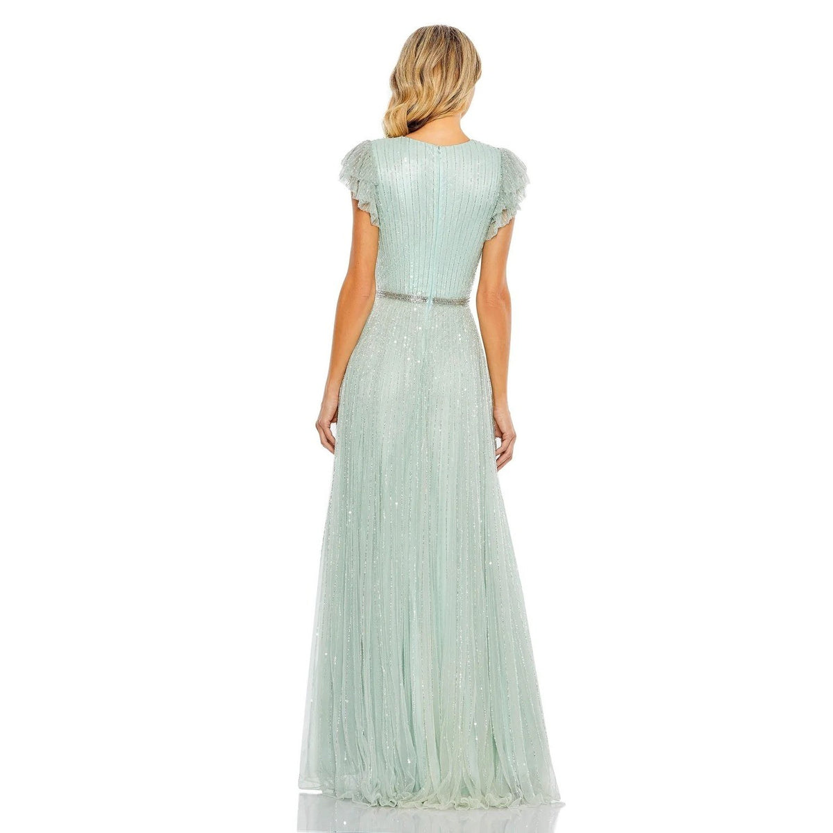 Mac Duggal 5502 Mint Green Sequin Beaded Ruffle Sleeve Maxi Gown Formal Dress