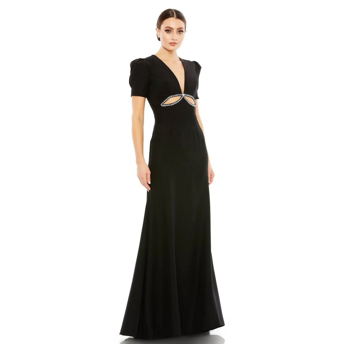 Mac Duggal 2630 Black Rhinestone Cutout Puff Sleeve V-Neck Evening Gown Dress