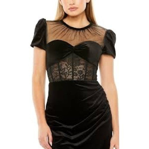 Mac Duggal 20742 Black Velvet Lace Mesh Corset Midi Cocktail Dress Womens