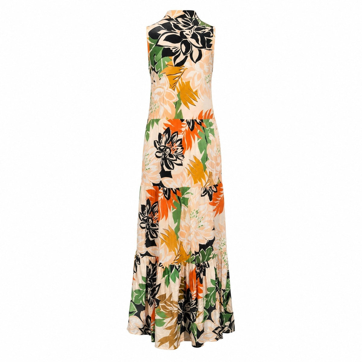 Vince Camuto Floral Tiered Maxi Dress Sleeveless Ruffle Neck Orange Green XS New