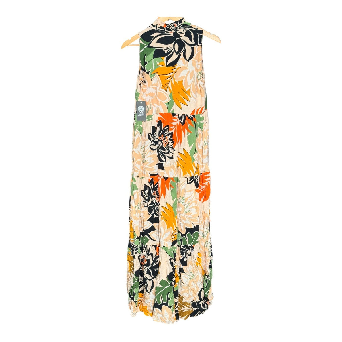 Vince Camuto Floral Tiered Maxi Dress Sleeveless Ruffle Neck Orange Green XS New