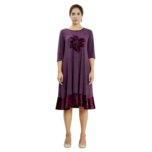 European Velvet Plum Purple A-Line Midi Dress Floral Applique 3/4 Sleeve Womens