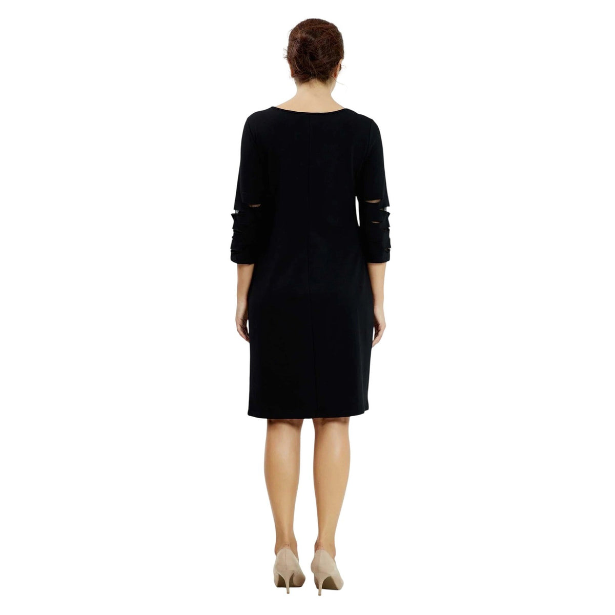 Black Premium Lycra Shift Dress with Mesh Cutout Sleeves and Embellished Detail